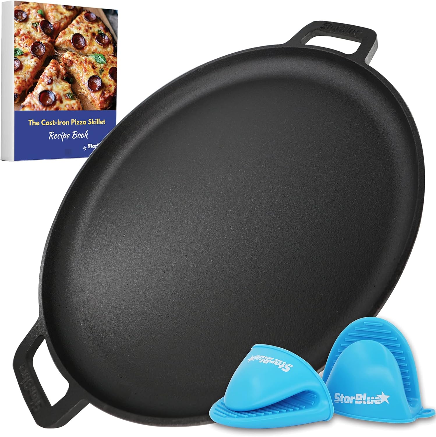 16 Inch Cast Iron Pizza Pan Round Griddle by StarBlue with FREE Silicone Handles and 30 Recipes Ebook– Pre-Seasoned Comal, Kitchen Essentials for Pizza Lovers, Baking, Grill, BBQ, Stove Oven Safe