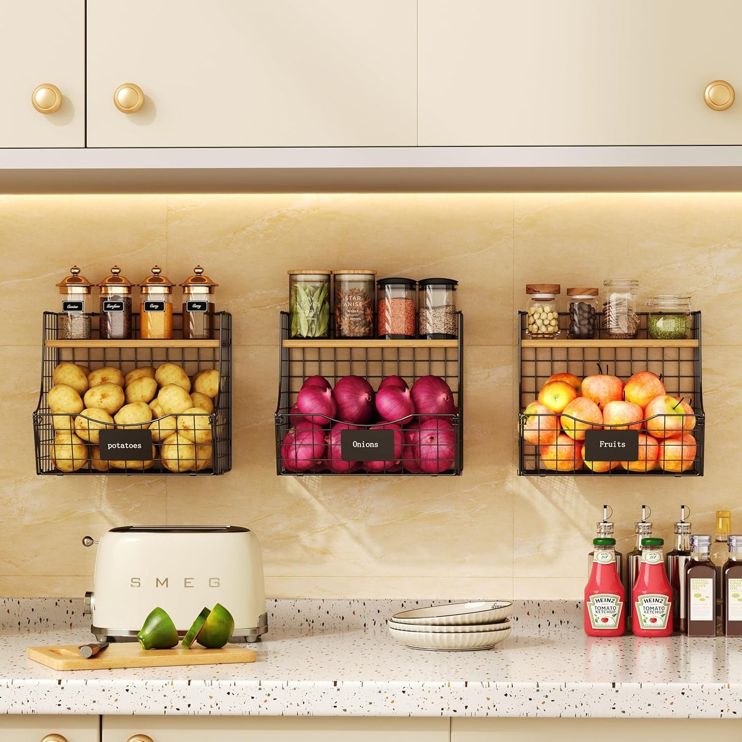 3 Pack Fruit Basket for Kitchen with Wood Lid - Counter&Wall Mounted Onion and Potato Storage with Nameplate, Stackable Storage Basket, Hanging Metal Wire Baskets Kitchen Countertop Organizer Pantry