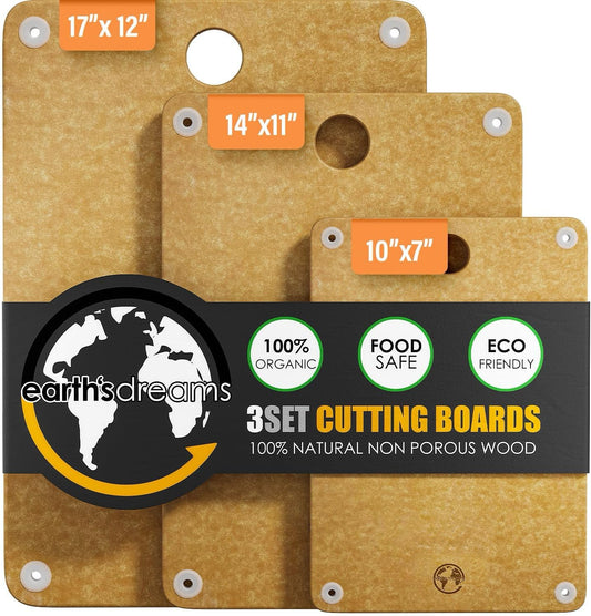 Earth\u2019s Dreams Wood Cutting Board Set 3-Piece: Small, Large & Extra Large - Charcuterie Board, Non-Plastic, Non-Toxic, Heavy-Duty, Dishwasher Safe (Tan)