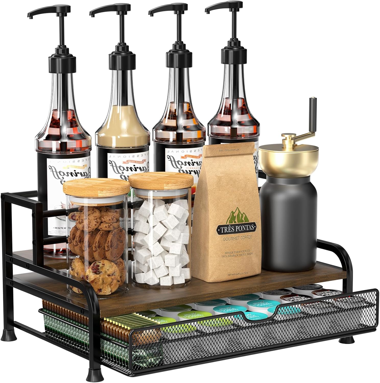 PONEYA Coffee Syrup Rack Organizer, 3-Tier 8 Bottles Syrup Rack with 35 K Cup Storage Basket for Coffee Bar, Countertop Bottle Holder Stand for Wine, Dressing for Kitchen Cafe Station
