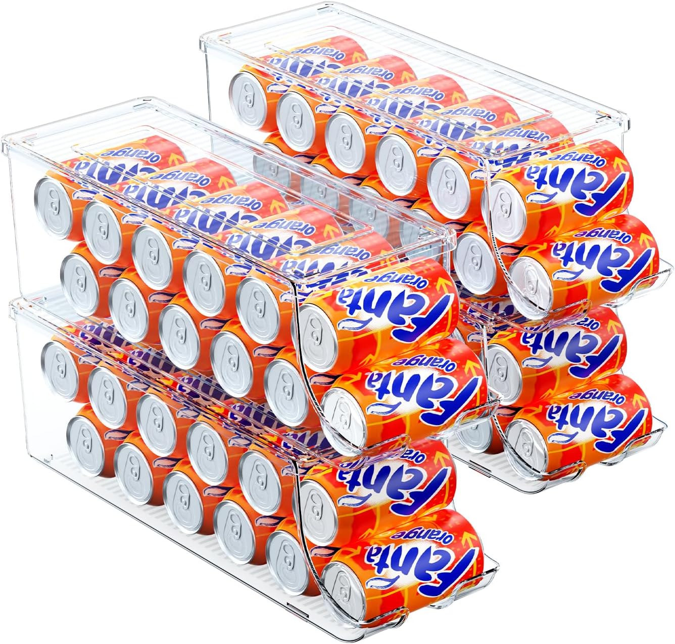 SCAVATA 4 Pack Soda Can Organizer for Refrigerator, Stackable Canned Food Pop Cans Container Can Holder Dispenser with Lid for Fridge Rack Freezer, Clear Storage Bins-Holds 12 Cans Each (Transparent)