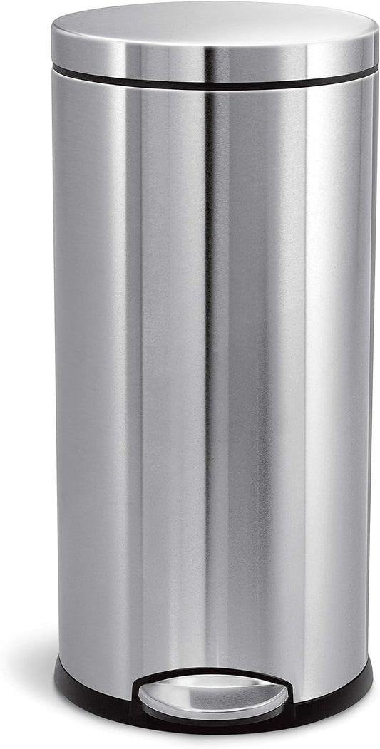 simplehuman 30 Liter \/ 8 Gallon Round Step Trash Can, Brushed Stainless Steel