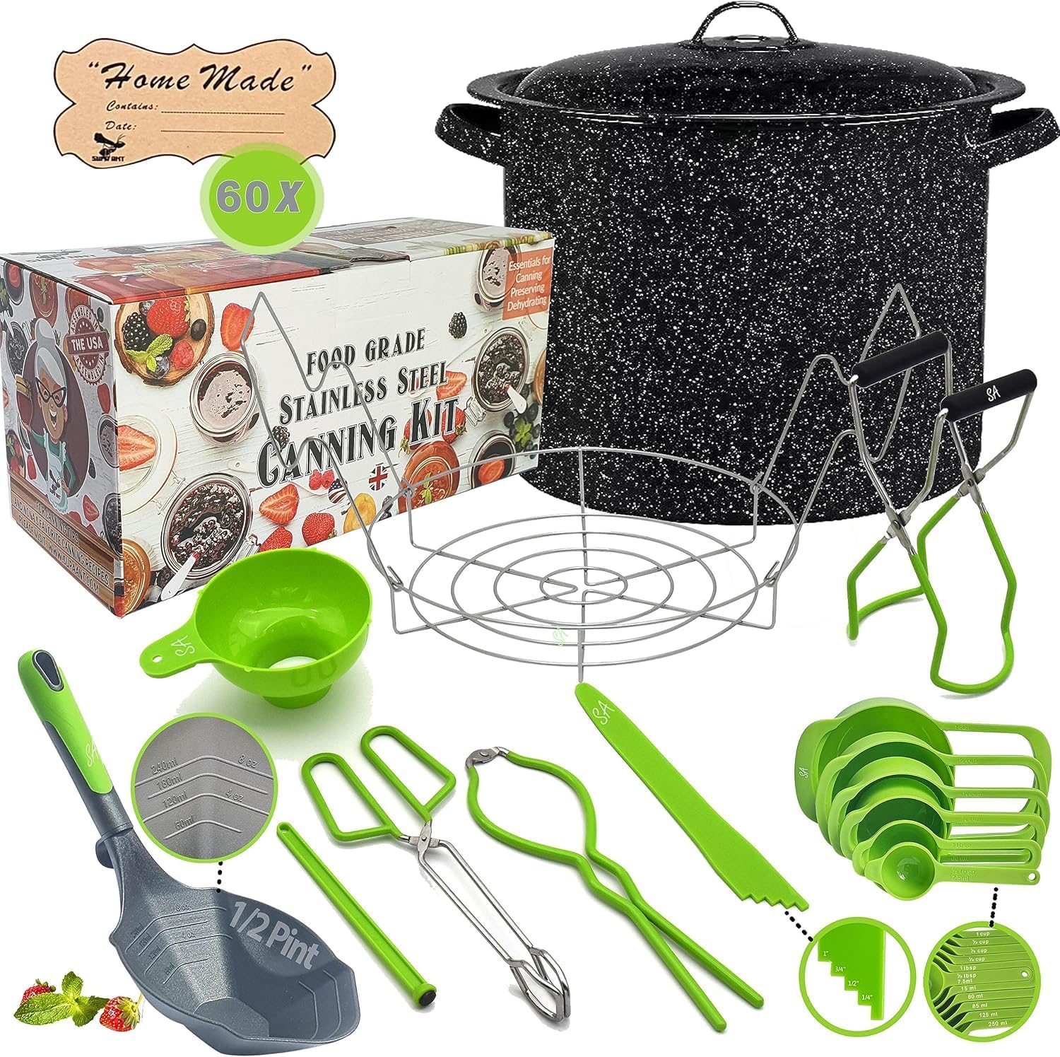 Supa Ant Canning Supplies - Water Bath Canning Pot with Rack & Lid - Starter Kits Set for Beginners - Stainless Steel Water Bath Canner Kit & Rack - Rack, XL Ladle, Measuring Cups, Kitchen Funnel