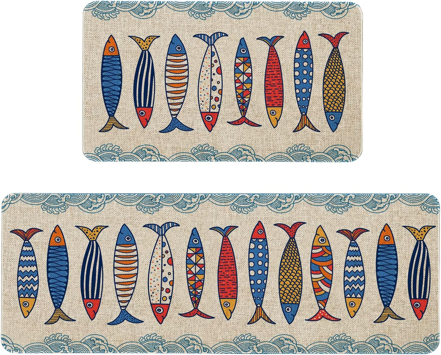Mloabuc® Fish Decorative Kitchen Mats Set of 2, Anti Fatigue Waterproof Stain Resistant Floor Rug Non Slip Cushioned and Runner Sets - 17x29 and 17x47 Inch