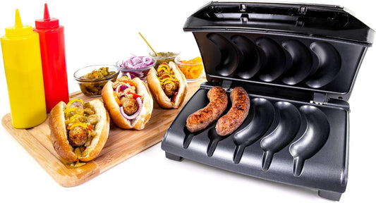 Homecraft Electric Sausage & Brat Grill with Oil Drip Tray, Carry Handle, and Cord Storage, up to 5 Links of Beef, Turkey, Chicken, Veggie Sausages, or Hot Dogs