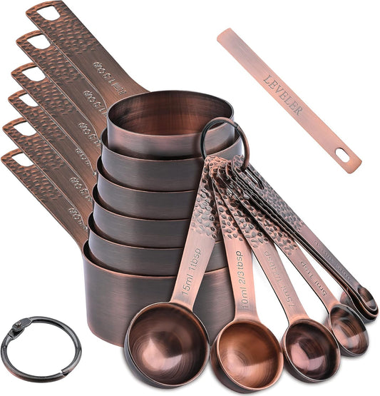 Smithcraft Measuring Cups and Spoons Set 14, Copper Measuring Cups and Spoons Set for Dry & Liquid, Metric & US Stainless Steel 6 Measure Cups and 7 Spoons Set w\/Leveler for Kitchen & Baking