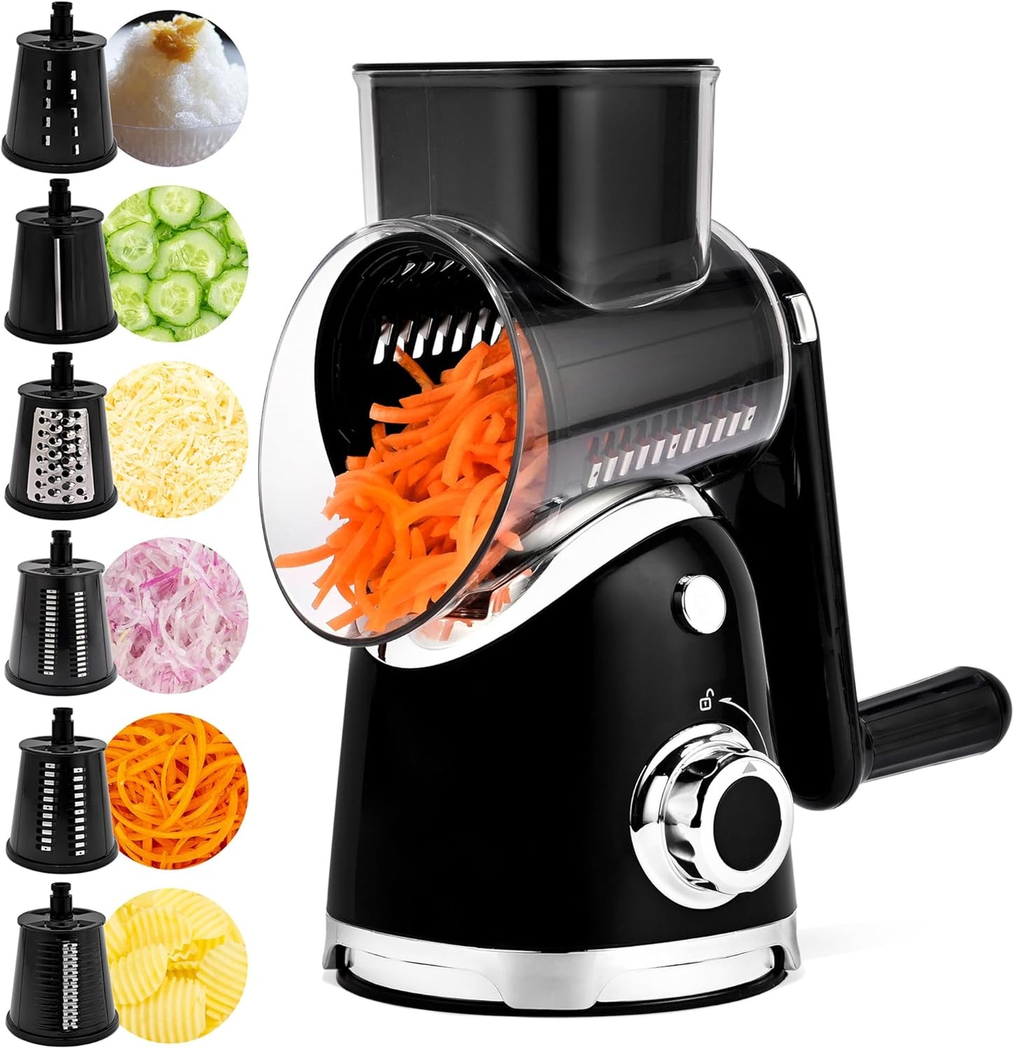 SUSTEAS Rotary Cheese Grater with Handle,Vegetable Slicer with 6 Interchangeable Blades, Reinforced Suction,Easy to Clean,Kitchen Shredder for Crushed Ice,Fruits and Nuts with Blade Storage Case,Black