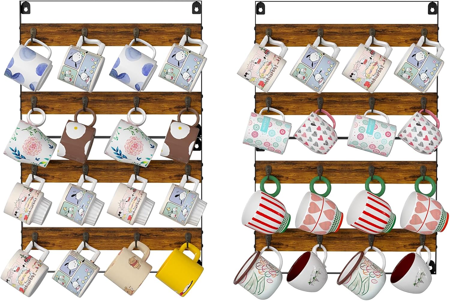 Rustic Wood Coffee Mug Rack - Wall Mount Cup Holder Shelf Storage for Kitchen, Home, Bar, Office (4 Pack, Holds 32 Mugs)