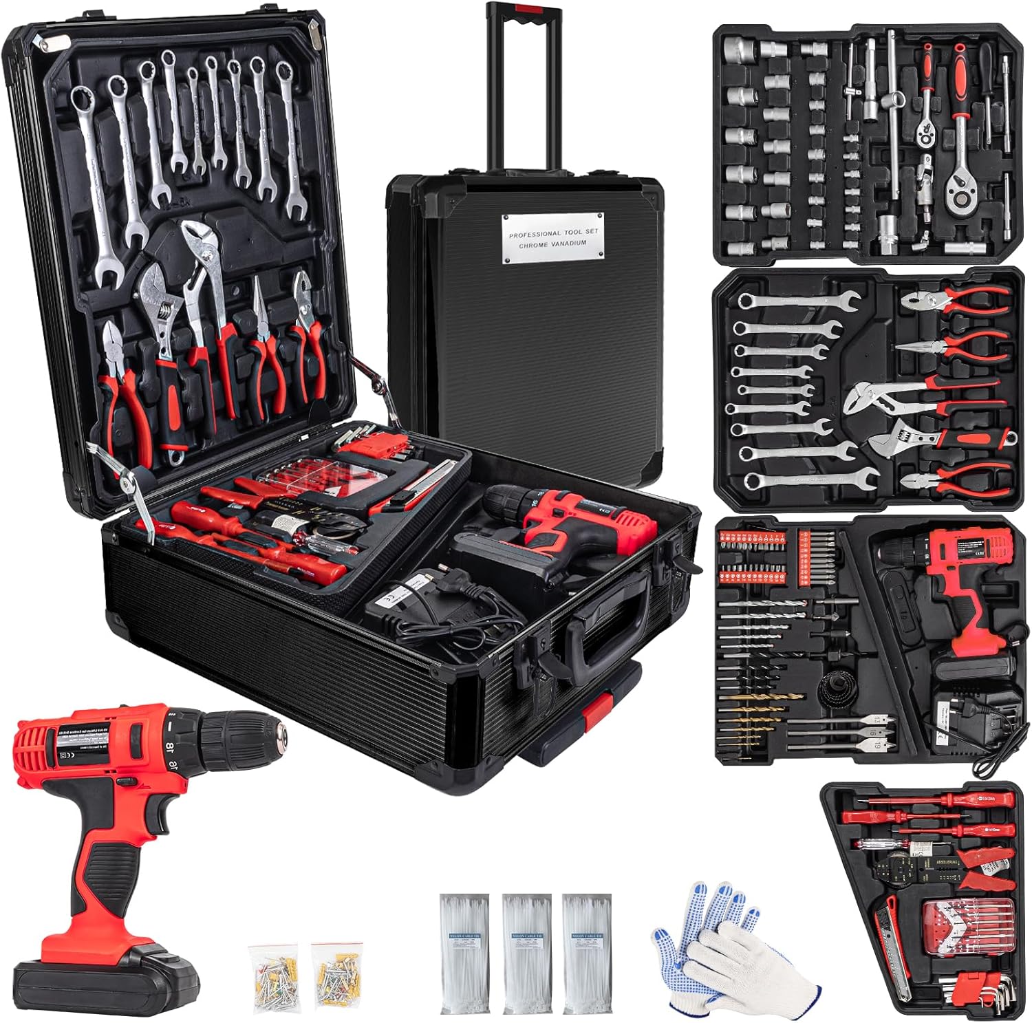 346pcs Tool Sets,18V Electric Power Drill Set, Cordless Drill for Men, Household Home DIY Hand Tool Kits,18+1 Clutch Cordless Power Drill Set for Thanksgiving, Christmas,Father's Day (Black)
