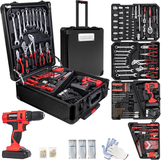346pcs Tool Sets,18V Electric Power Drill Set, Cordless Drill for Men, Household Home DIY Hand Tool Kits,18+1 Clutch Cordless Power Drill Set for Thanksgiving, Christmas,Father's Day (Black)
