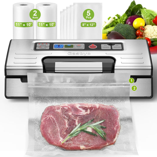 Gasbye Vacuum Sealer Machine, 95kPa Food Sealer with Double Heat Seal for Dry\/Moist Food, Easy-lock Handle, Built-in Bag Storage & Cutter, Progress Display, Removable Drip Tray, Silver