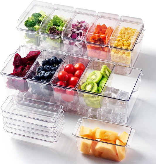2 Pack Chilled Condiment Tray Server with 5 Containers and Removable Compartments, Large Ice Condiment Organizer, Clear Garnish Serving Platter for Kitchen, Fruit, Salad, Food, Bar Accessories