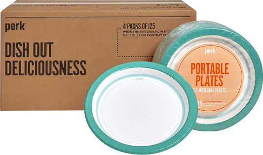 Perk Staples Paper Plates, 8.5 Inch, Medium-Weight Microwave-Safe, Disposable For Everyday Meals, Kitchen, Breakroom, Company Events, 500-Pack, White/Teal