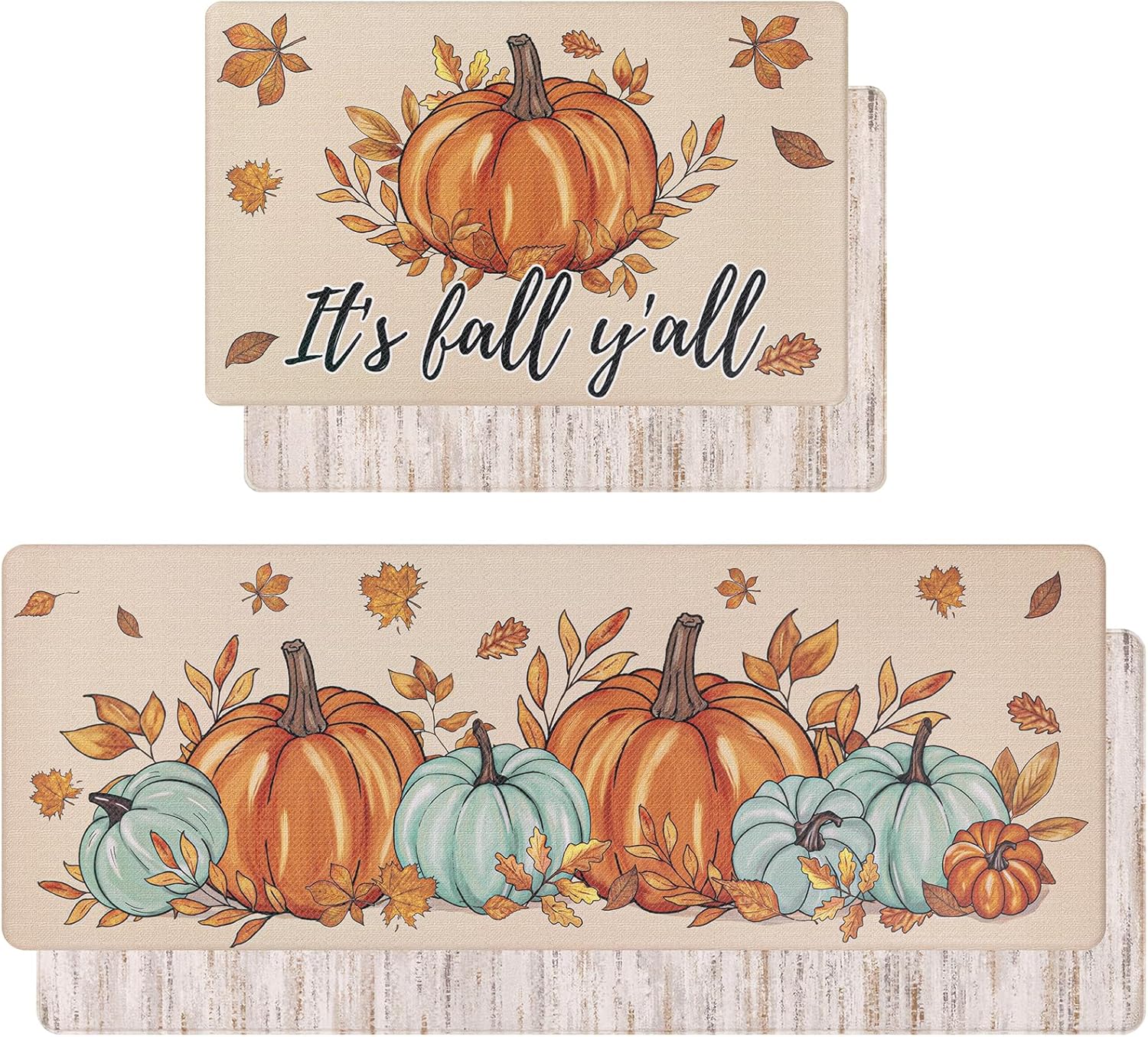 U'Artlines Fall Kitchen Rugs Sets of 2, Anti Fatigue Mats for Kitchen Floor Printed on Both Sides, Non Slip Waterproof Fall Kitchen Mats with Pumpkin Leaves Fall Decor Pattern 17"x28"+17"x47"