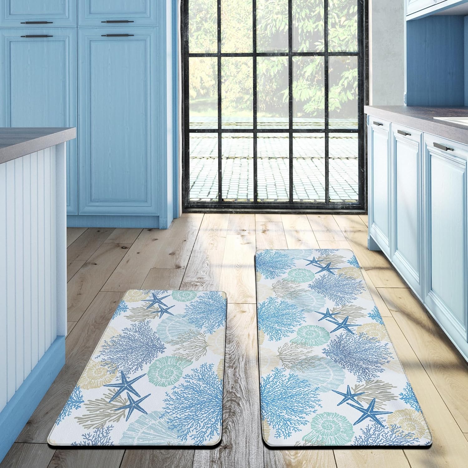 Tritard Coastal Beach Theme Kitchen Mats Rugs Set of 2 Anti Fatigue Kitchen Mats for Floor Memory Foam Cushioned Waterproof Non Slip Comfort Standing Mat for Sink Laundry, Blue, 17.3"x 28"+17.3"x 47"