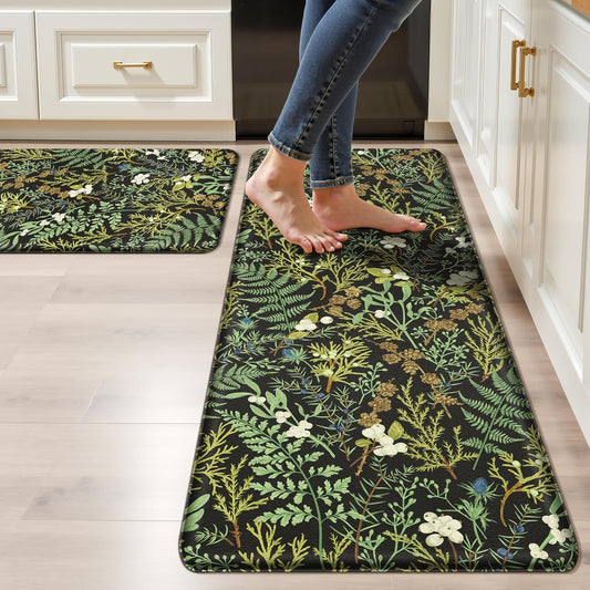 Black Green Botanical Kitchen Rugs Set of 2 Plant Leaf Anti-Fatigue Kitchen Mat Natural Comfort Standing Waterproof PVC Mats 2\/5" Thick Leather Carpet for Laundry Office Sink(17.3" x28" + 17.3" x 47")