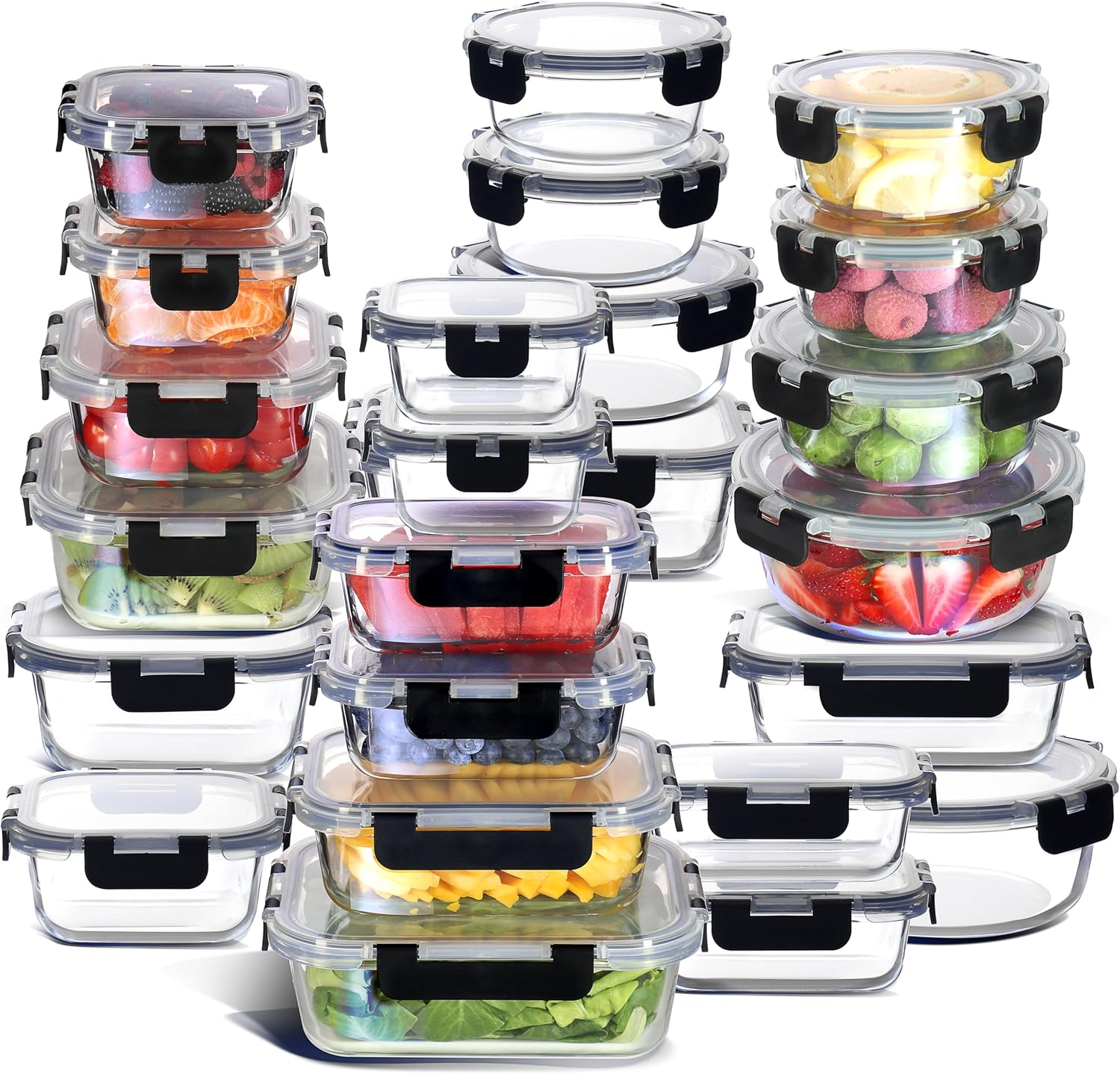 Nestl 48pc (24 Airtight, Freezer Safe Food Storage Containers and 24 Lids), Pantry Kitchen Storage Containers, Glass Meal Prep Container for Lunch, Glass Storage Containers with Lids Black