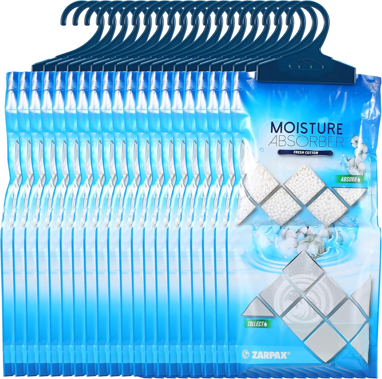 ZARPAX Hanging Moisture Absorber Fresh Cotton 10.6 oz\/300g | Moisture Absorbing Bags for Bathroom, Closet, Kitchen & Vehicles | Removes Moisture, Humidity & Odors | Portable Dehumidifier | Set Of 20