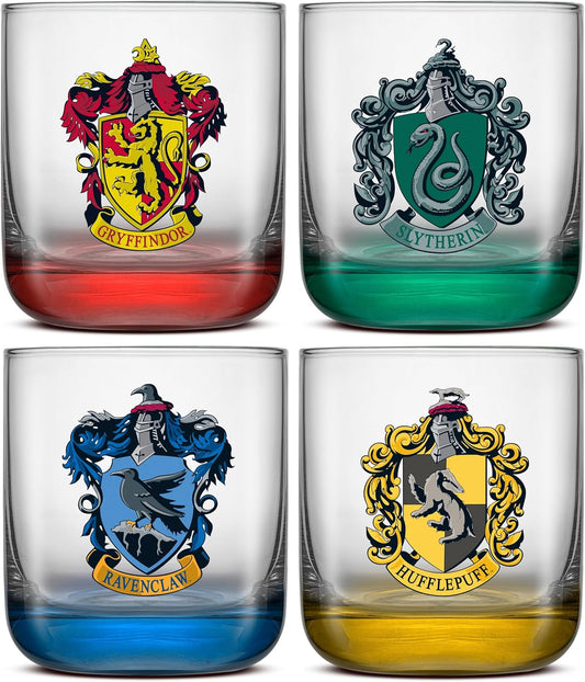 JoyJolt Harry Potter House Pride Short Drinking Glasses, 10oz Glass Tumblers, Kitchen Drinking Glasses Set of 4, Hogwarts Cup, Harry Potter Gifts for Adults