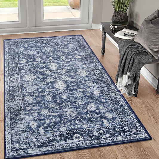 KILOCOCO Area Rug 3x5 Entryway Rug Washable Printed Vintage Floral Rubber Backed Non Slip Indoor Kitchen Rugs for Living Room Laundry Room Playroom Mudroom Moroccan Area Rugs, Blue
