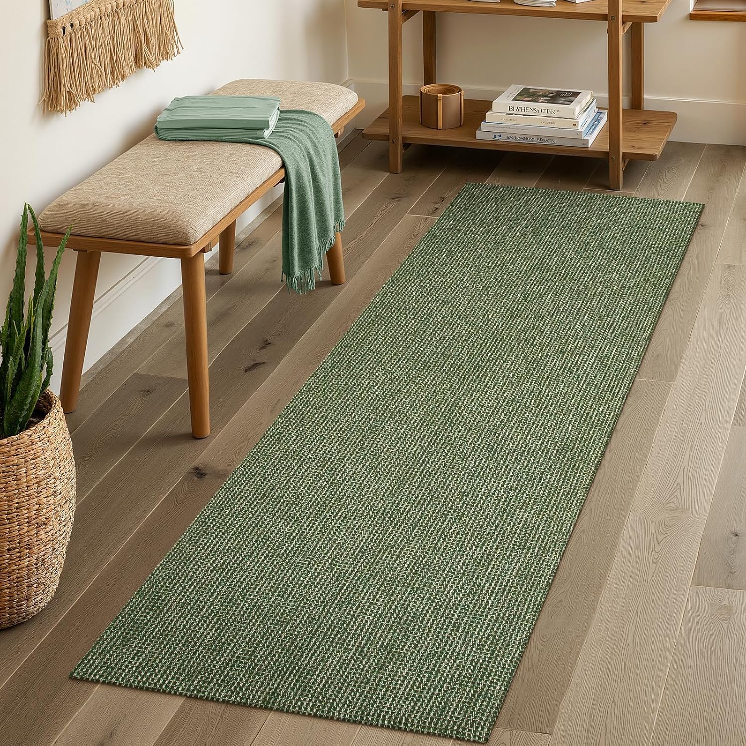 Uphome Kitchen Runner Rug, 2x6 Washable Boho Rug Runners for Hallways Non Slip, 6ft Low Pile Woven Cotton Modern Carpet Runners, Stain Resistant Bedroom Runner Rug for Hallway Entryway Entrance, Green