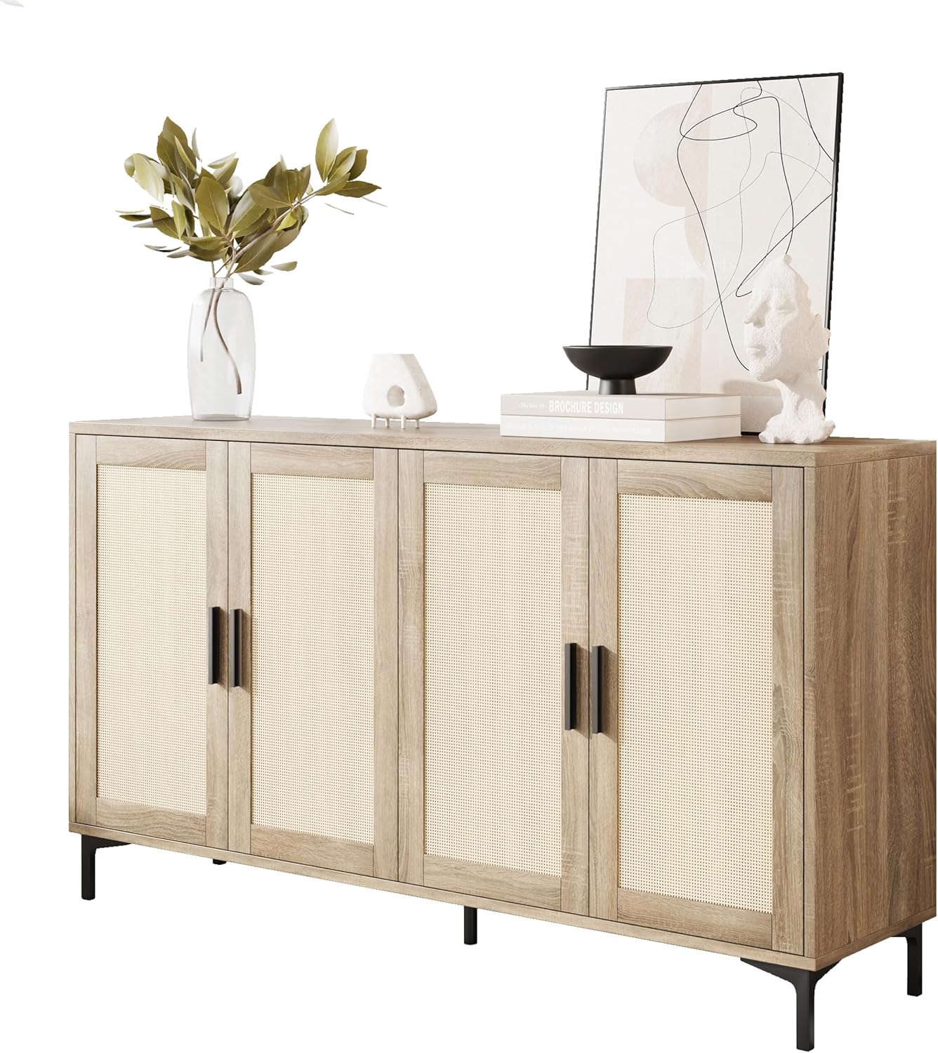 JASIWAY Sideboard - Kitchen Buffet Cabinet with Rattan Decorated Doors, Accent Cabinets with Doors, Coffee Bar Cabinets Rattan Sideboard Buffet Cabinet with Storage (Natural with 4 Doors)