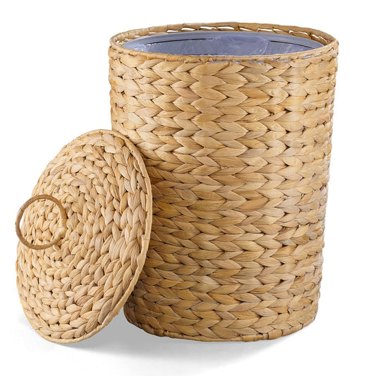 BLUEWEST Wicker Trash Can with Lid and Removable Liner, Wicker Rattan Bathroom Trash Can, Large Woven Bin for Office, Hyacinth Waste Basket for Home Kitchen (Natural, 3 Gallons)