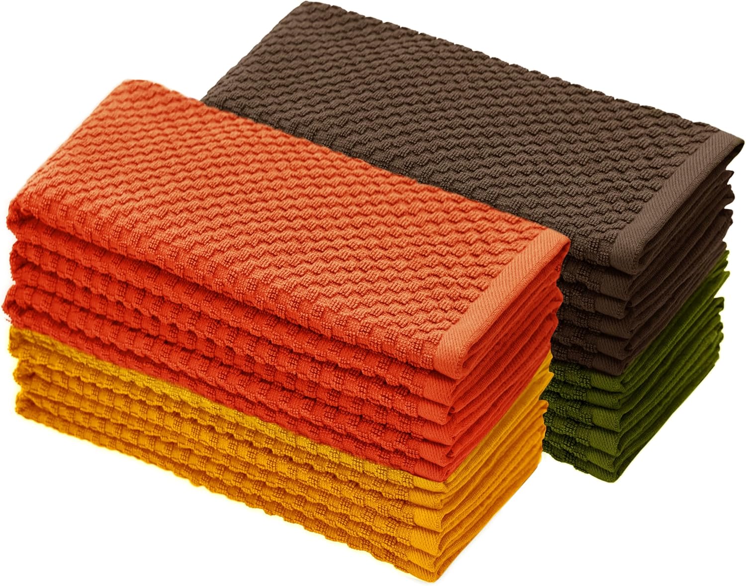 COTTON CRAFT Amazing Kitchen Towels - Set of 12 Terry Towels - 100% Cotton Euro Café Waffle Weave Dish Towel - Soft Absorbent Quick Dry Reusable Cleaning Cloth - 16x28 - Harvest Rust Green Gold Brown