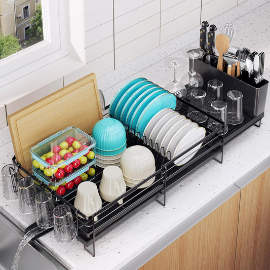 Pantasia Large Dish Drying Rack - Extendable Dish Rack for Kitchen Counter, Multifunctional Dish Drainer with Drainboard Set, Dishrack with Utensil Holder & Cup Holder, 13.4"-28.7" L x 11.8" W, Black