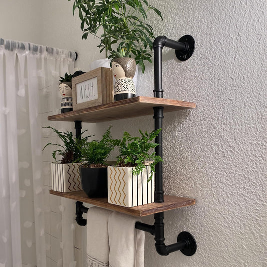 ROGMARS Industrial Pipe Shelving Bathroom Pipe Shelves with Towel Bar Over Toilet, 24 inch Pine Wood Floating Shelves for Wall Mounted Bedroom,Kitchen, Farmhouse, Living Room