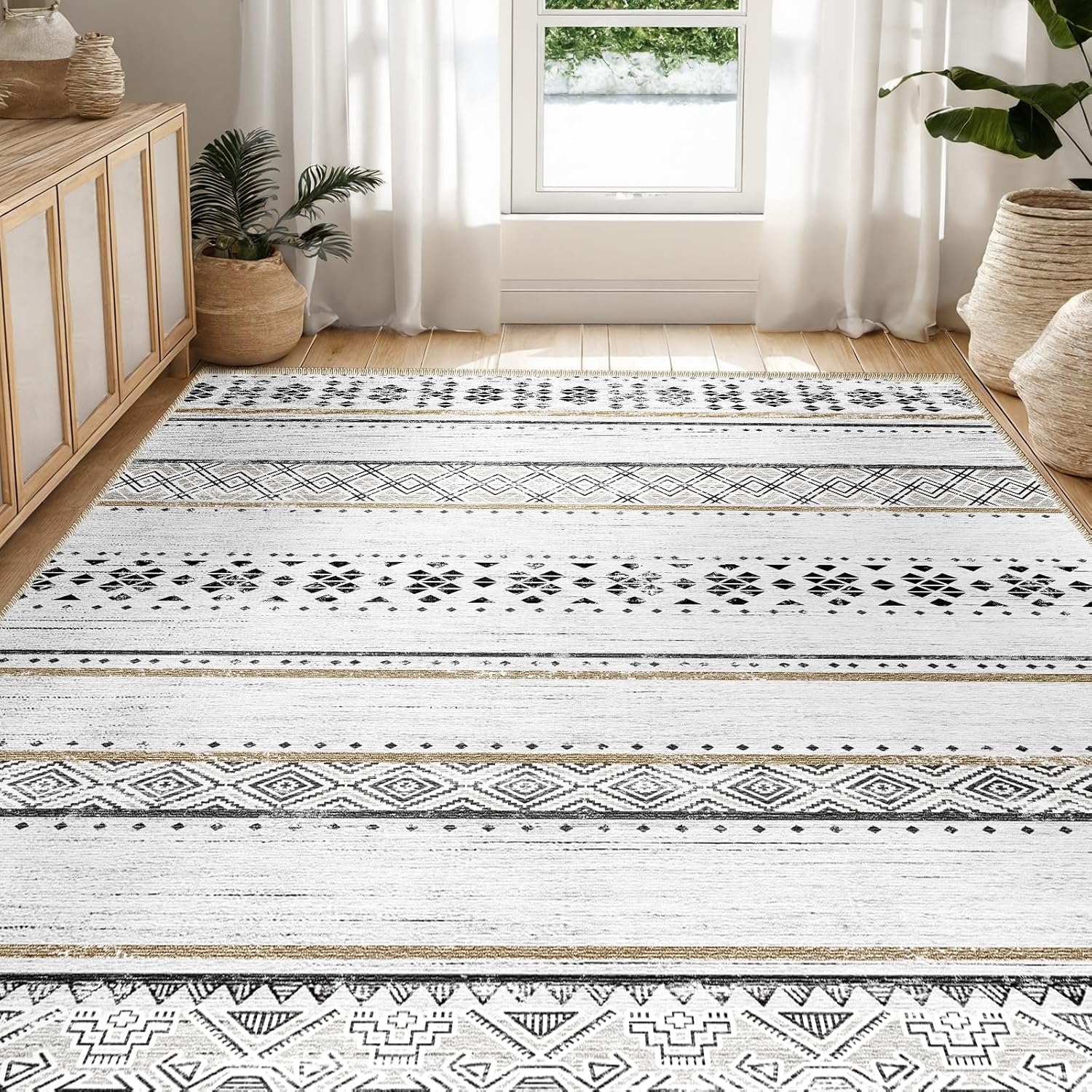 BESTSWEETIE 5x7 Area Rugs for Living Room Washable Moroccan Farmhouse Neutral Geometric Low Pile Non-Slip Soft Print Pattern Rug for Bedroom Kitchen Dining Room Entryway Black\/Brown