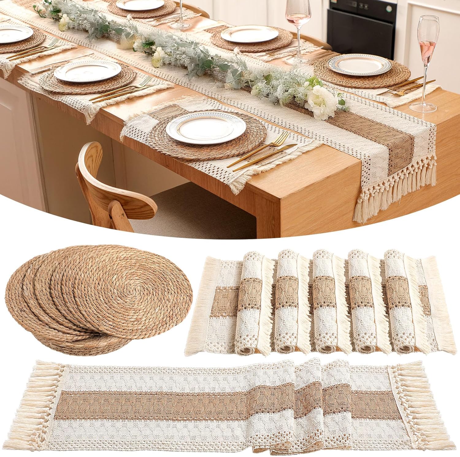 Gandeer Boho Placemats 4\/6 Set of Round Woven Placemats Macrame Style Bicolor Stitching Long Table Runner Farmhouse Rustic Natural Burlap Cotton for Kitchen Dining Table Home(Brown,6 Sets)