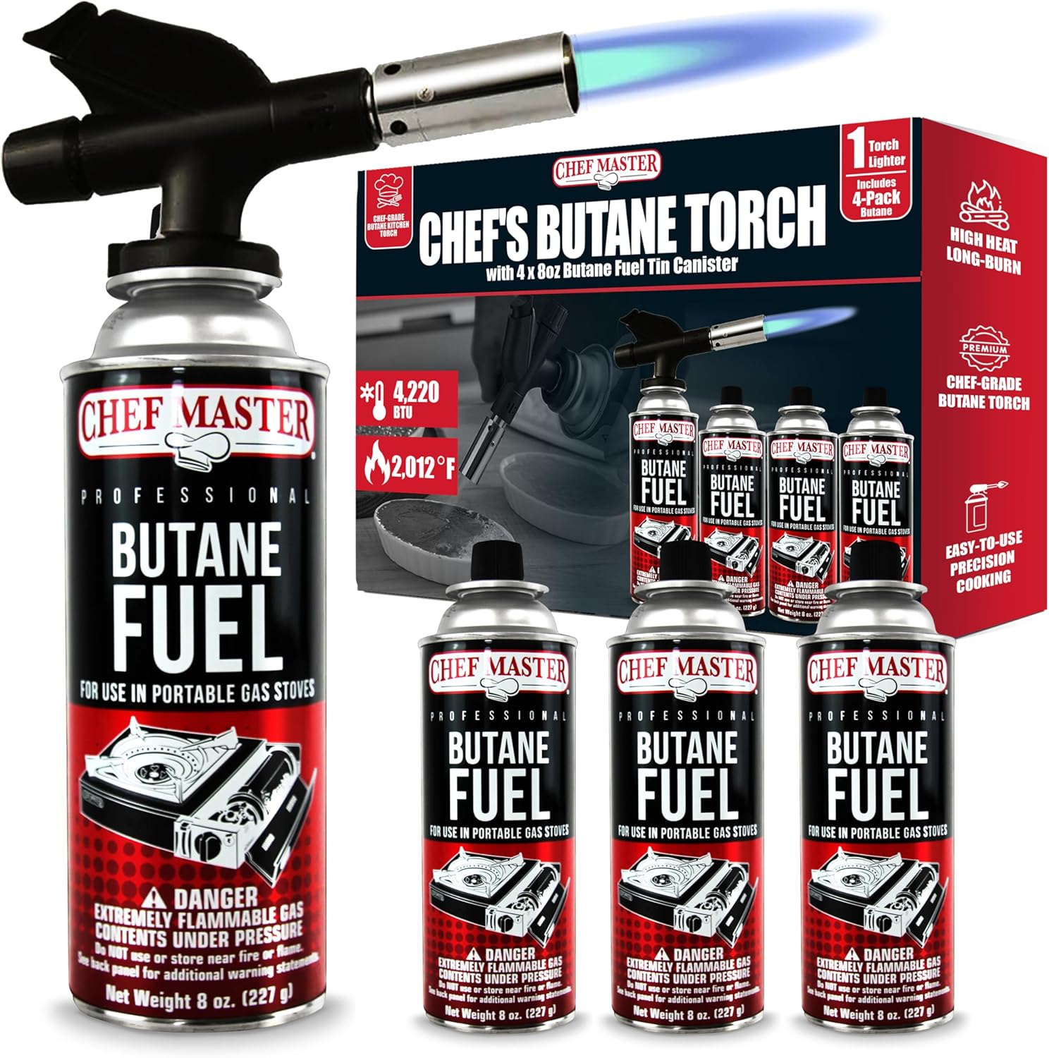 Butane Torch Lighter Combo w\/ 4 x 8 oz. Butane Fuel by Chef Master, Refillable Kitchen Cooking Torch for Brulee, Dessert, Baking, Cafe, Hotel & Restaurant, Home Necessities & Kitchen Essentials -90014