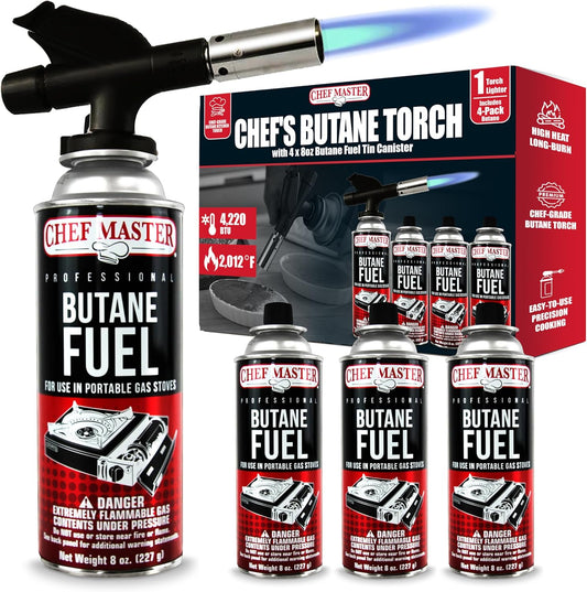Butane Torch Lighter Combo w\/ 4 x 8 oz. Butane Fuel by Chef Master, Refillable Kitchen Cooking Torch for Brulee, Dessert, Baking, Cafe, Hotel & Restaurant, Home Necessities & Kitchen Essentials -90014
