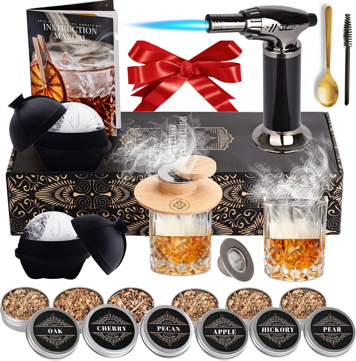 Whiskey Smoker Kit - Cocktail Smoker Kit with Torch, 2 Whiskey Glasses, 2 Ice Ball Makers, 6 Flavors Wood Chips - Old Fashioned Smokers - Bourbon Drink Smoking Set - Whiskey Accessories Gifts for Men