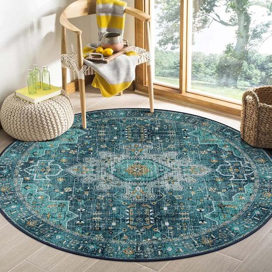 Moynesa Ultra-Thin Washable Round Rug - 4ft Oriental Circle Area Rugs for Bedroom Entryway, Teal Vintage Non Slip Non Shedding Low Pile Carpet for Living Room Coffee Table Kitchen