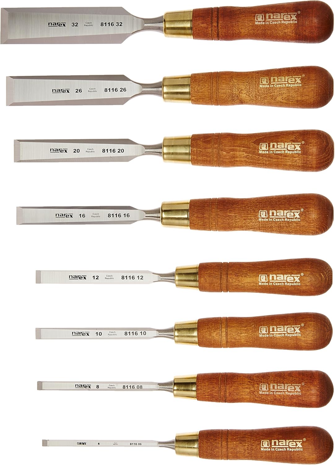 Narex (Made in Czech Republic) Premium 8 pc set 6 (1/4"), 8 (5/16"), 10 (3/8") 12 (1/2"), 16 (5/8") 20 (11/16") , 26 (1" 1/16"), 32 (1 1/4") mm Chisels w/ Hornbeam Handles