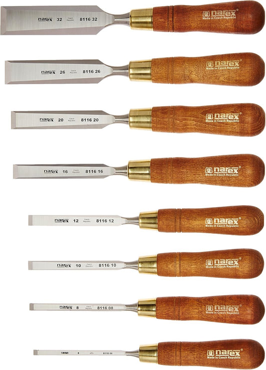 Narex (Made in Czech Republic) Premium 8 pc set 6 (1/4"), 8 (5/16"), 10 (3/8") 12 (1/2"), 16 (5/8") 20 (11/16") , 26 (1" 1/16"), 32 (1 1/4") mm Chisels w/ Hornbeam Handles