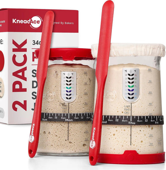 KNEADACE Pro Sourdough Starter Kit - 34oz Large Capacity Glass Fermentation Jar with Lid & Tracker, Sourdough Starter Fermenter for Homemade Sourdough, Bread Dough Prep & Culinary Fermentation, 2 Pack