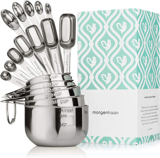 Morgenhaan Heavy-Duty 304 Stainless Steel Measuring Cup Set (18-Piece) - Stackable, Dual Metric\/US, Long & Narrow Spoons for Spice Jars + 5 Mini Spoons