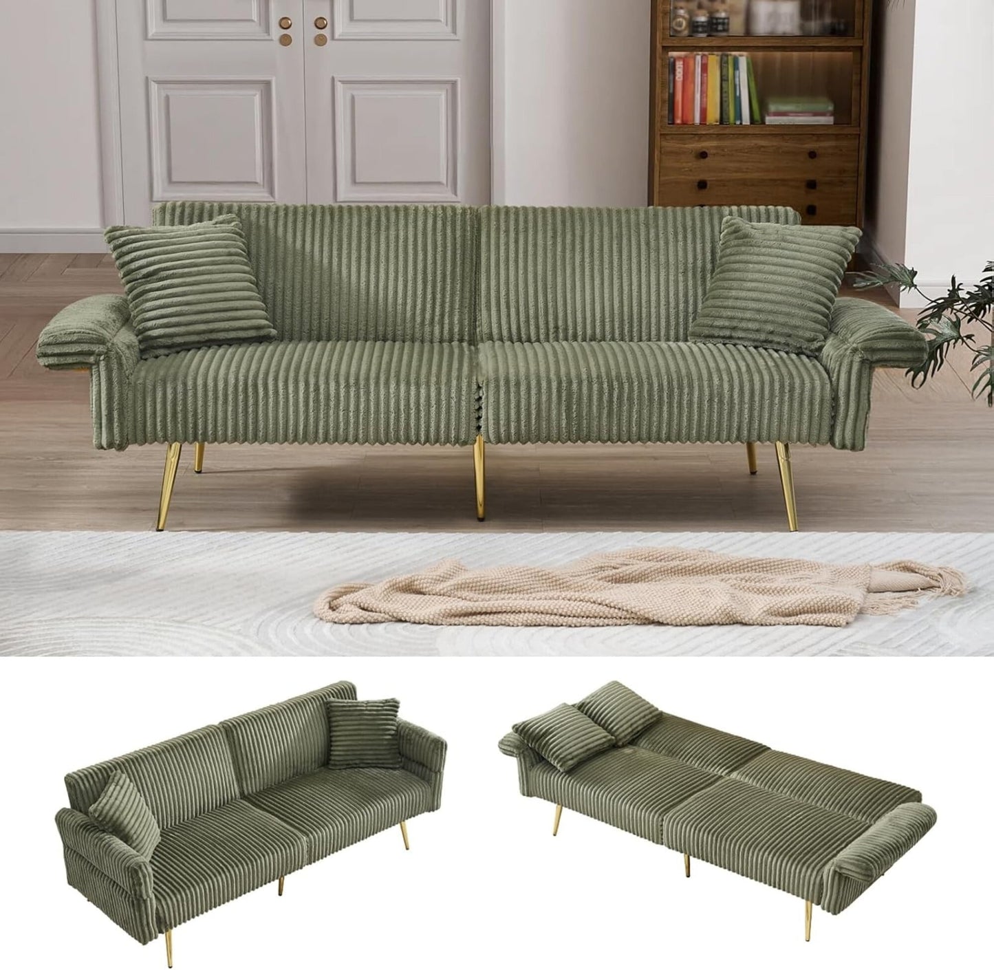 AENKYO 79'' Corduroy Convertible Futon Sofa Bed, Modern Sleeper Couch with Adjustable Arms & Back, Yellow