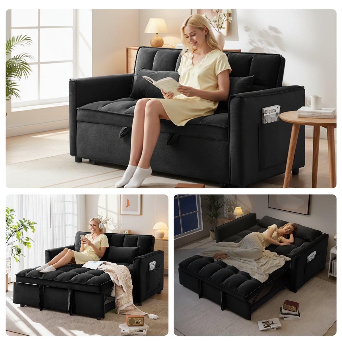 AISWORD 3-in-1 Convertible Sleeper Sofa Bed, Pull Out Loveseat with Pillow, Black