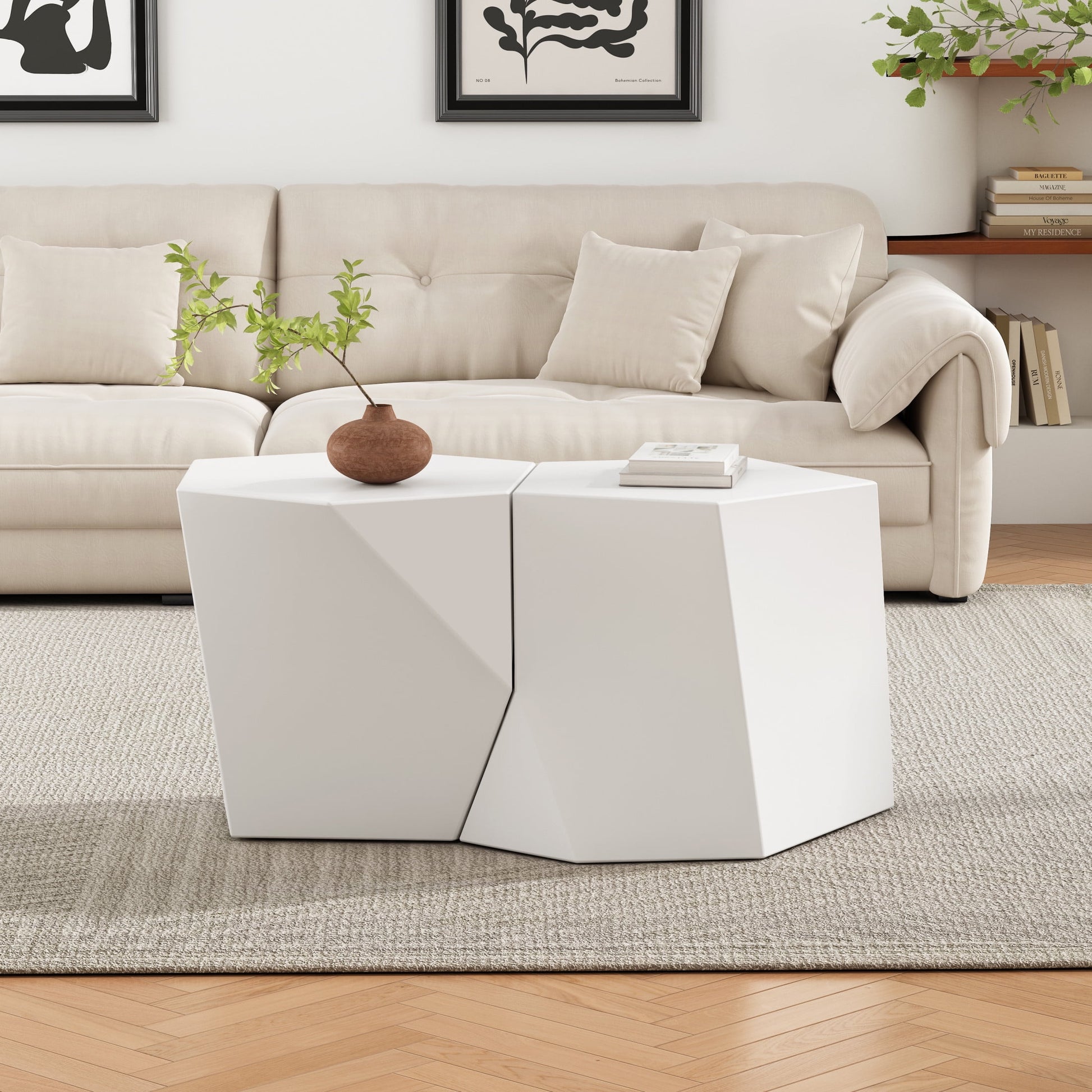 Alba Modern 2 Piece Geometric MGO Coffee Tables Set, White