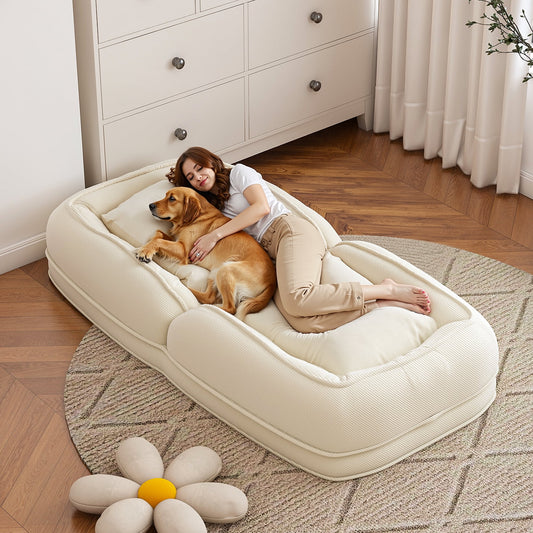 Aukfa Fold Lazy Sofa Bed,Floor Chair Small Couch Dog Bed with 5 Adjustable for Living Room, WhiteBeige