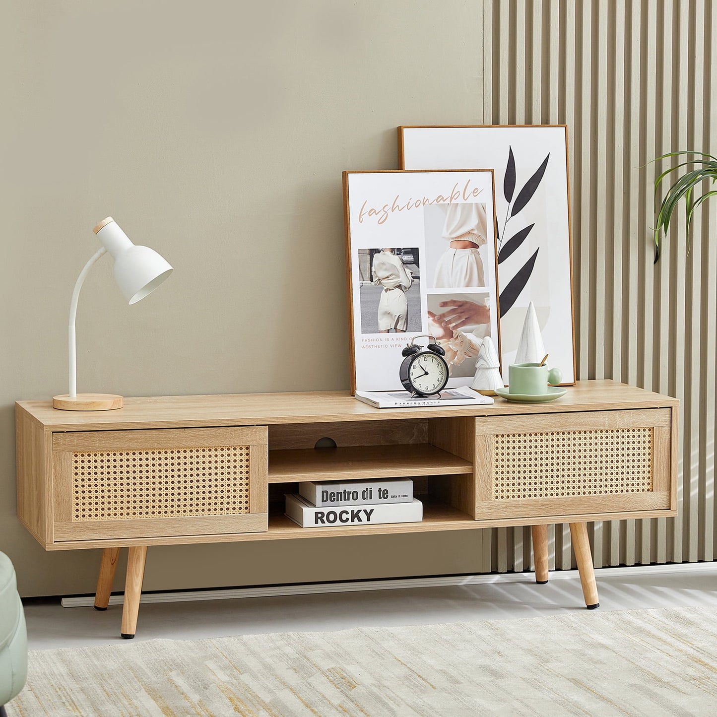 Aukfa Rattan TV Stand for TVs up to 55" 60",TV Console for Living Room - Oak