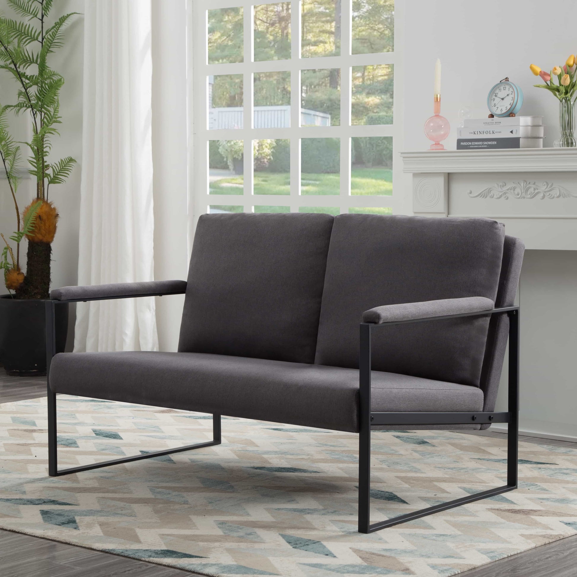 BSHTI Linen Blend Upholstery Loveseat,Sleek Metal Frame and Clean Lines,High-density Foam Loveseat,for Living Room,Bedroom,Study or Den(Dark Gray)