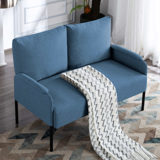 BSHTI Metal Frame Loveseat Couch,2 Seating,Linen Blend Upholstery,Square Arms with Padding,Well in Apartments or Rooms with Limited Space(Blue)