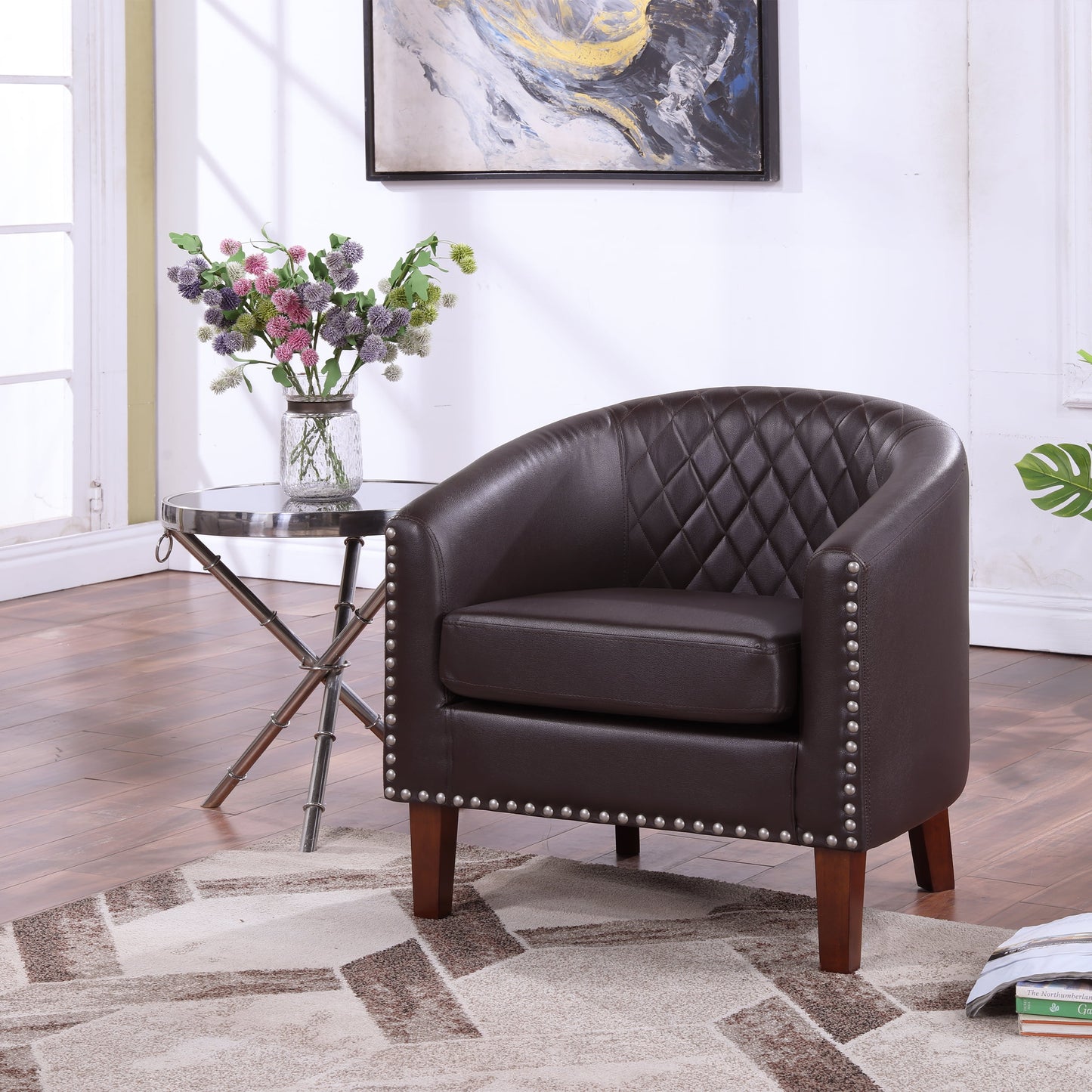 Barrel Accent Chair for living room, modern Leather Club Barrel Chair comfy Reading Armchair for Bedroom, Brown