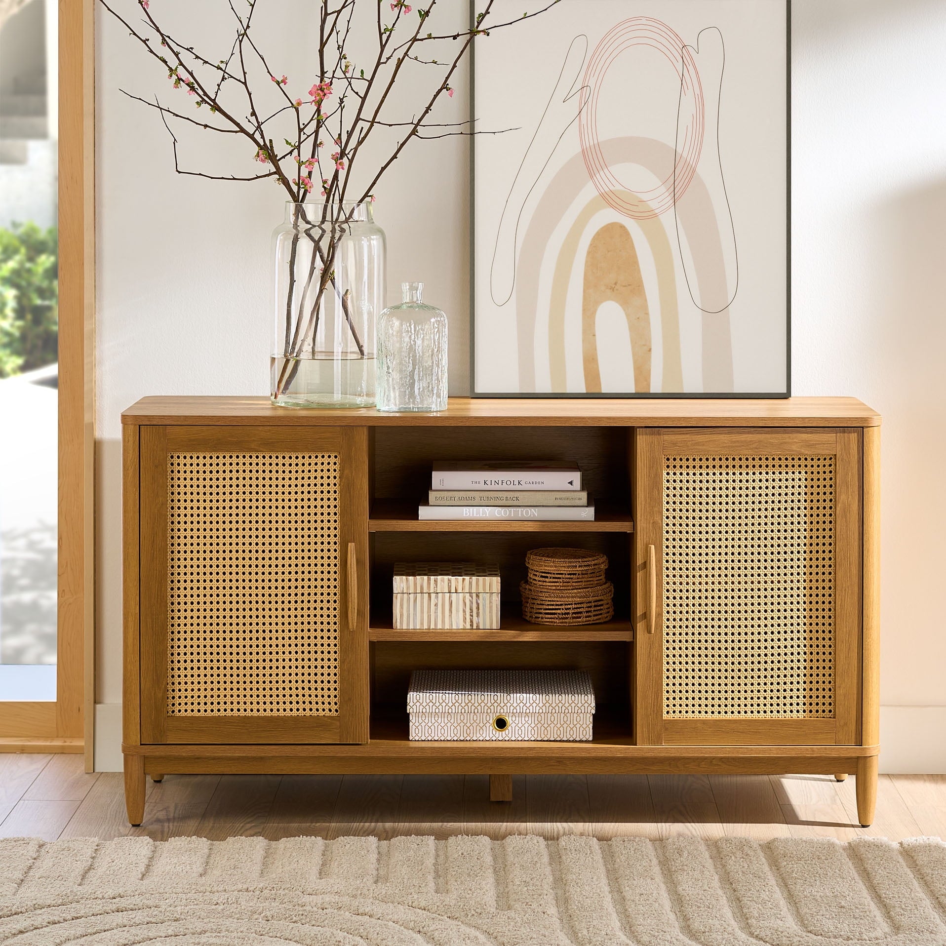 Better Homes & Gardens Springwood Cane TV Stand for TV's up to 65", Light Honey Finish