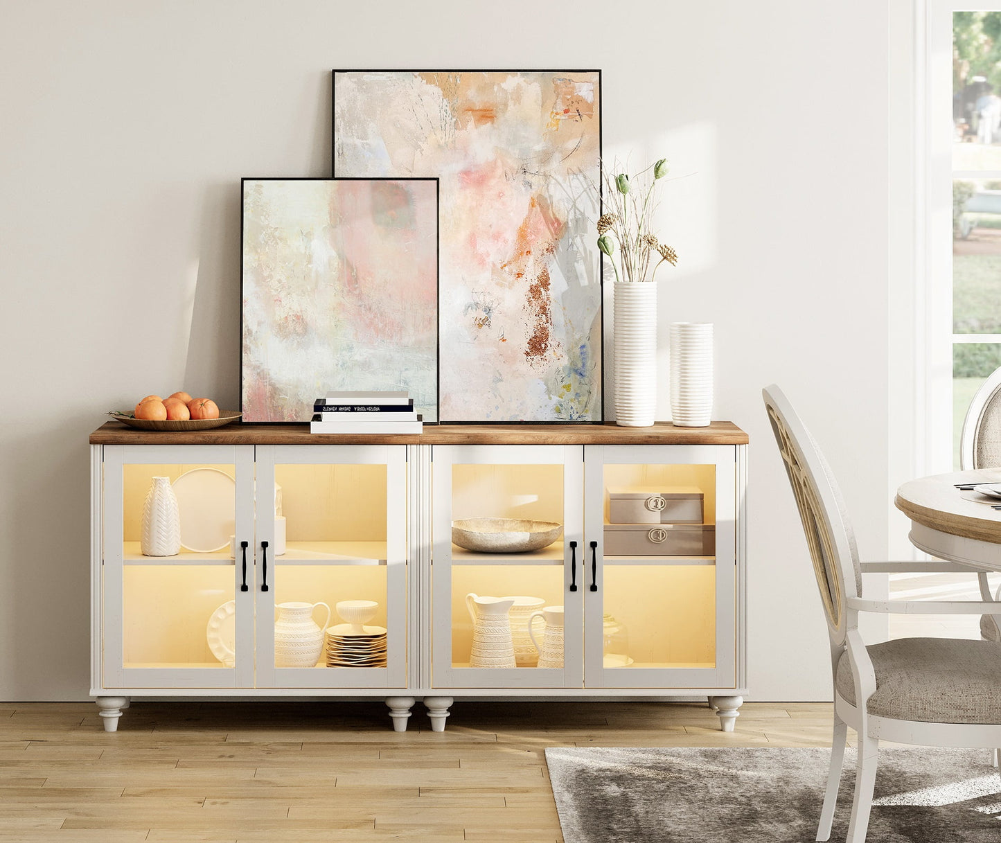 Buffet Cabinet with Storage, Kitchen Sideboard with Glass Door & Adjustable Shelf, Modern Glass Entryway Table or Living Room Dining Room, Off White